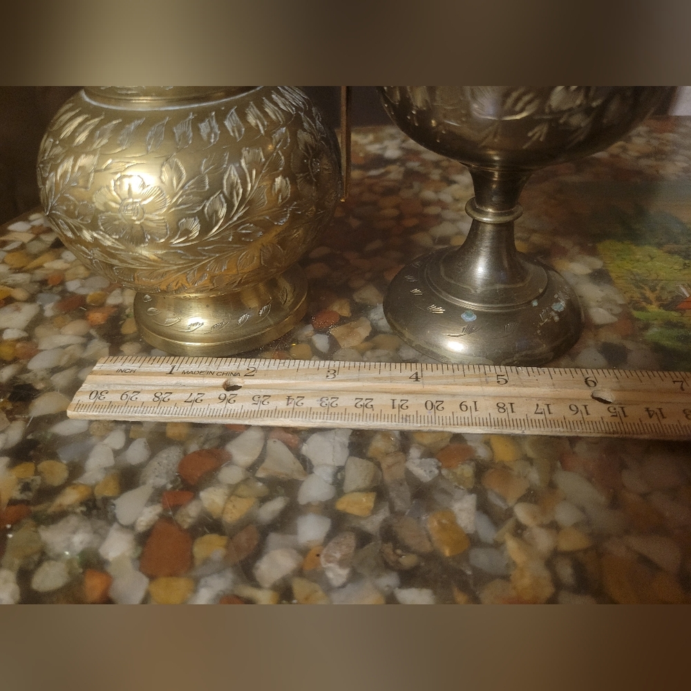 2 Vintage Engraved Brass‎ Pitcher Cruet Vase world gift 10" MCM India tea pot - Picture 3 of 13